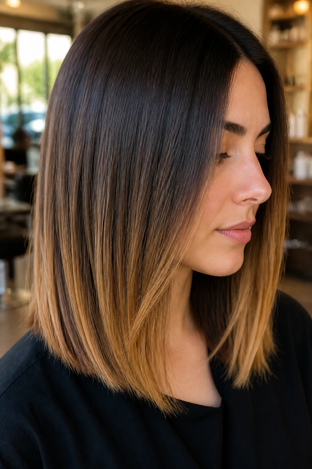 Close-up of caramel-toffee ends on straight shoulder-length hair