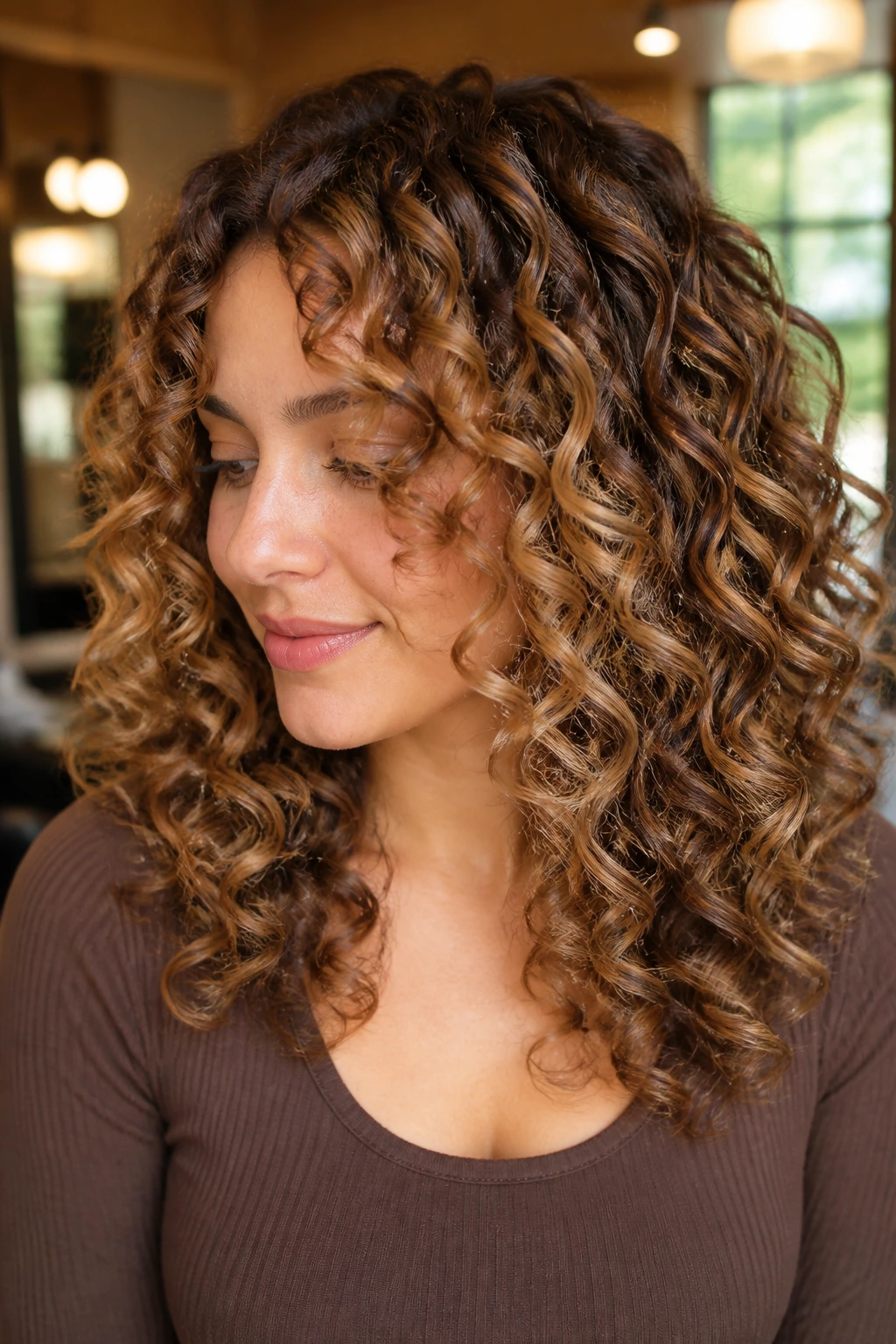 Close-up of curly hair showing multiple caramel tones such as honey, beige, and toffee