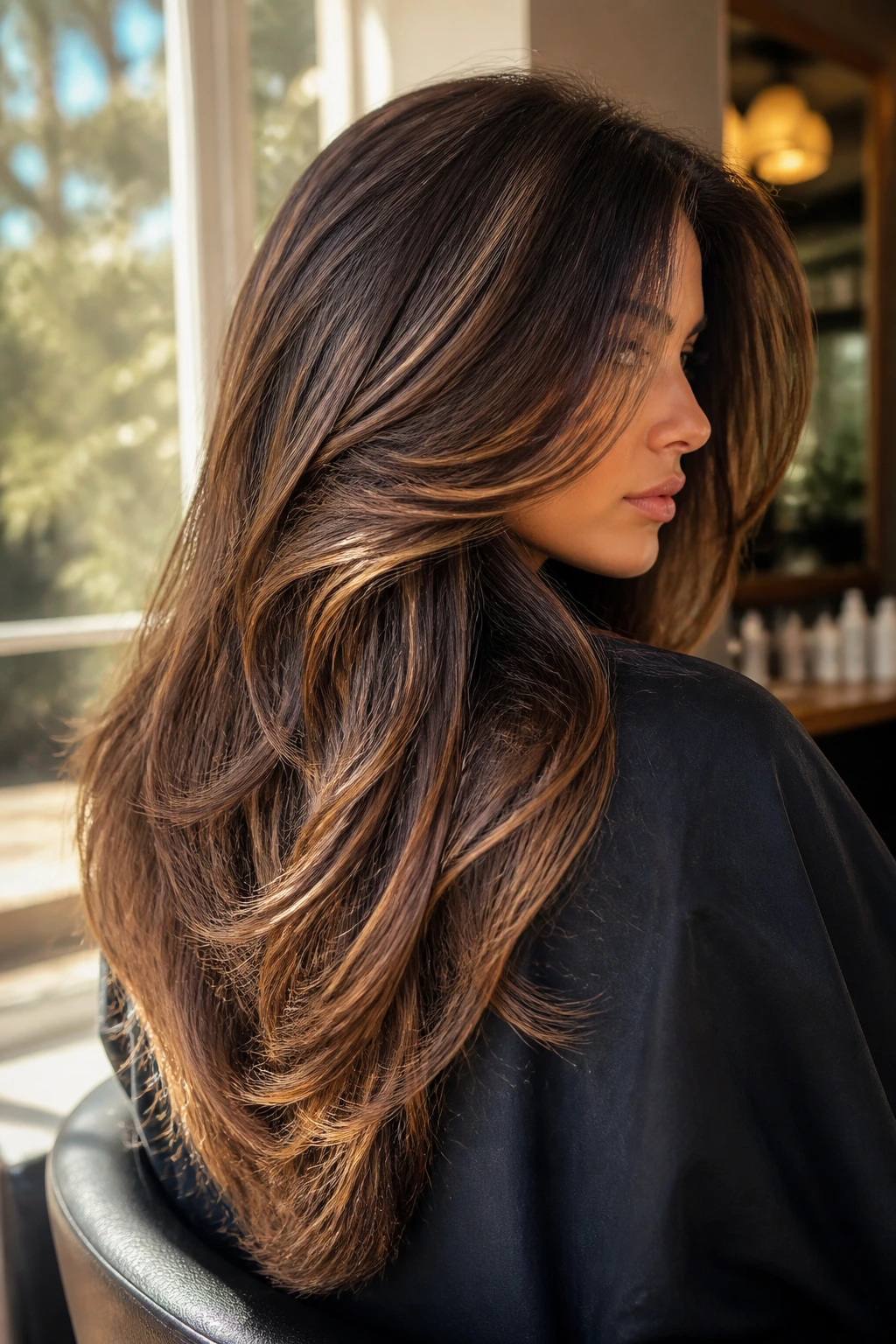 Close-up of thick brunette hair with a V-cut and caramel ribbons.