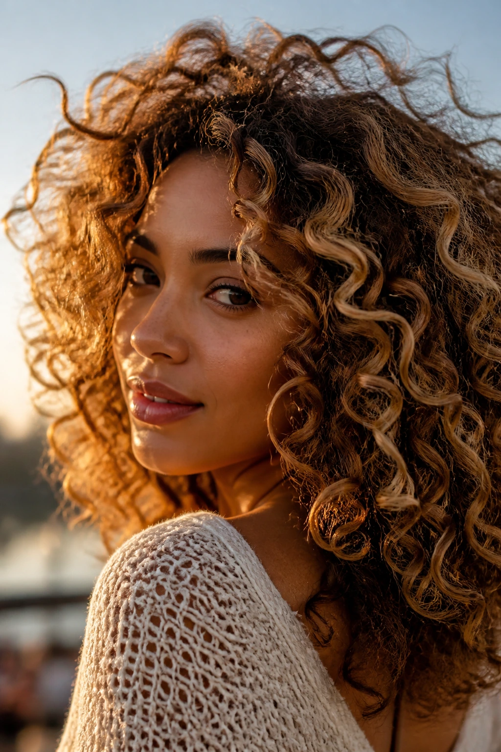 Medium close-up of curly caramel hair with face-framing lighter ribbons outdoors at sunset