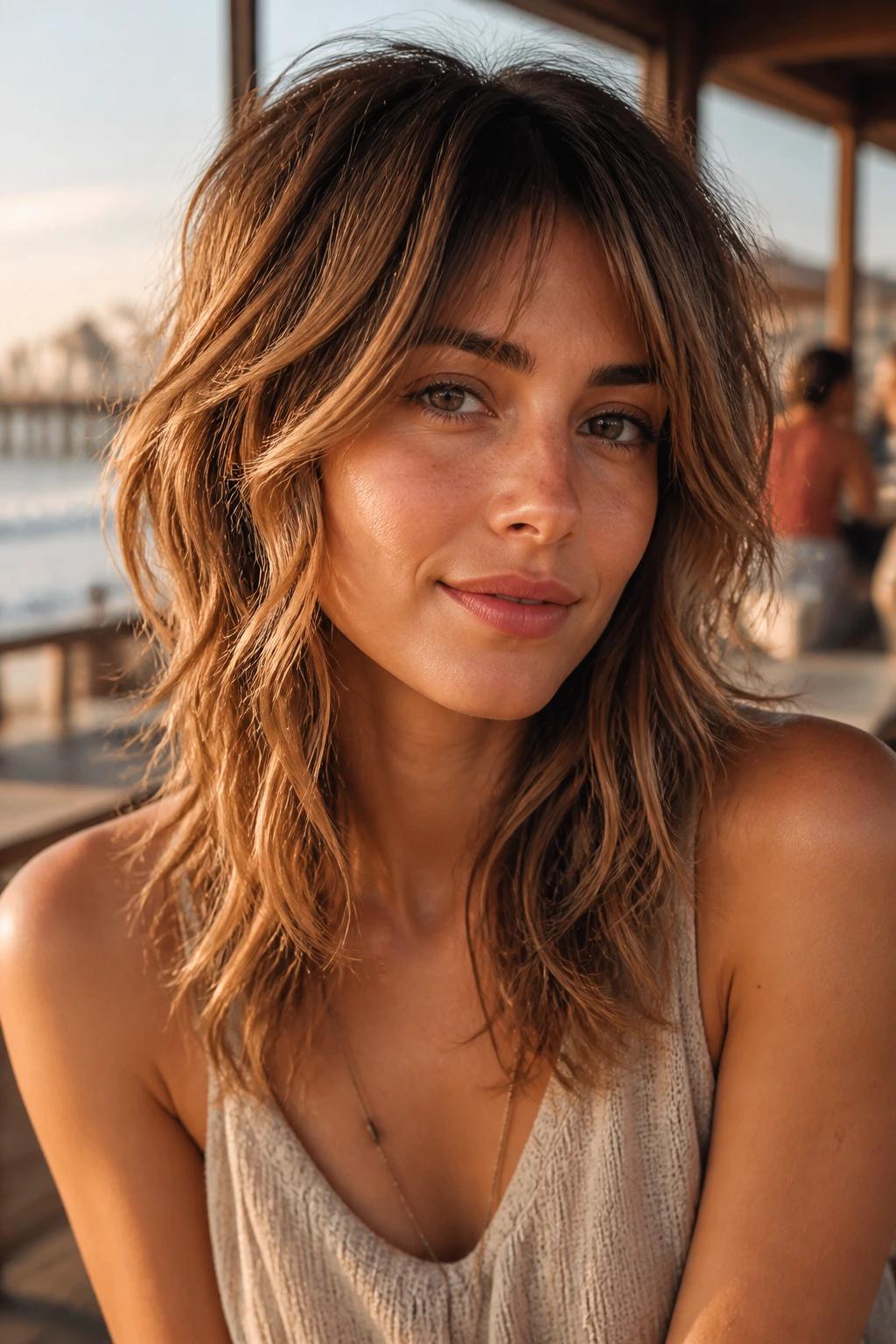 Close-up portrait of a real woman with caramel balayage wolf cut mid-length waves