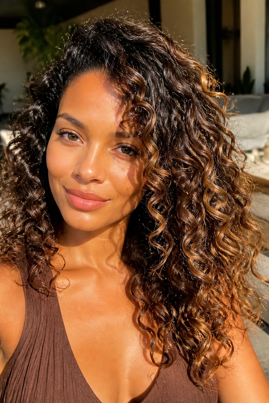 Close-up of a real woman with caramelized cocoa curls and caramel highlights.