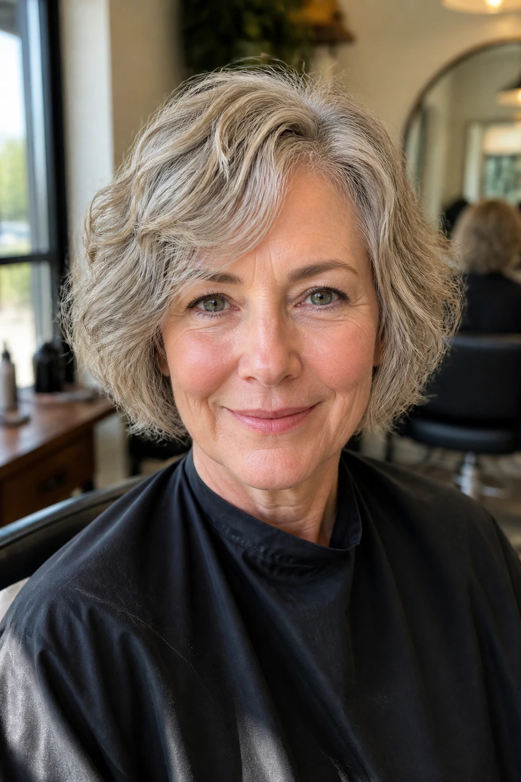 Close-up of a woman with fine wavy hair after a trim in a salon