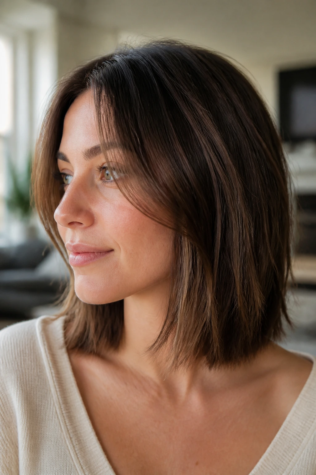 Close-up of a real woman with a softly razored lob and delicate ends