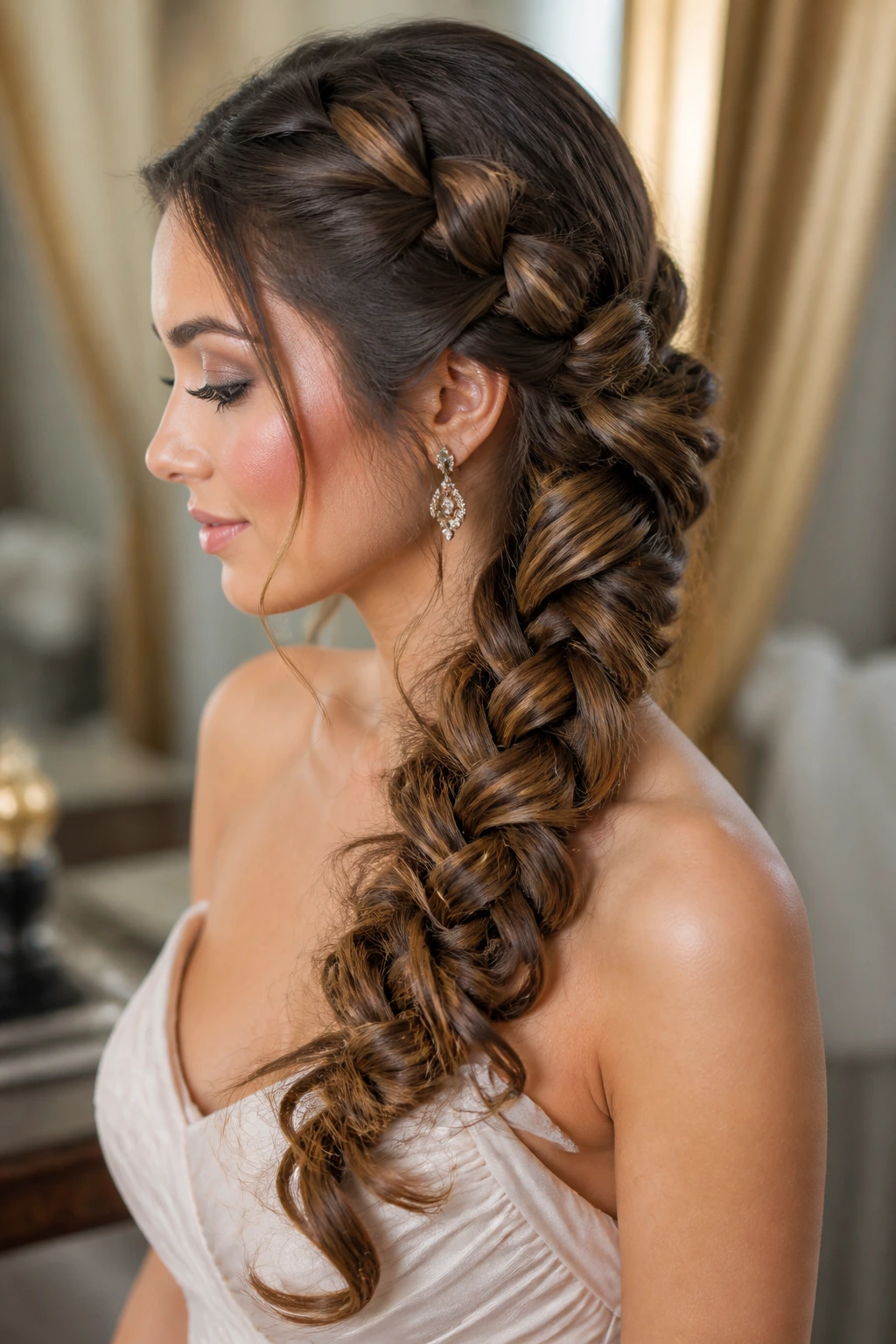 Close-up of a glamorous cascade braid on a real woman