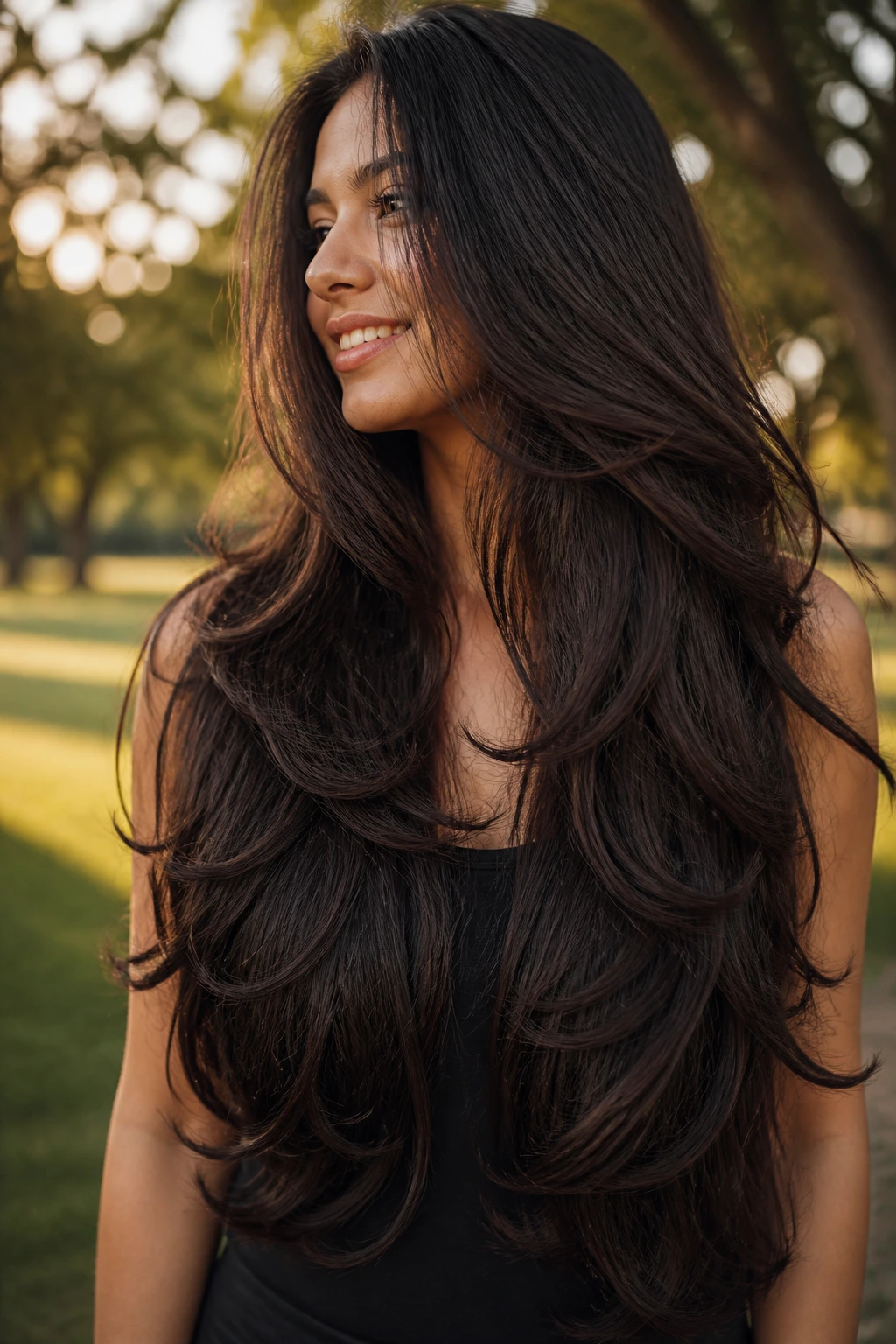 Close-up of very long dark hair with cascade layers in golden hour light.
