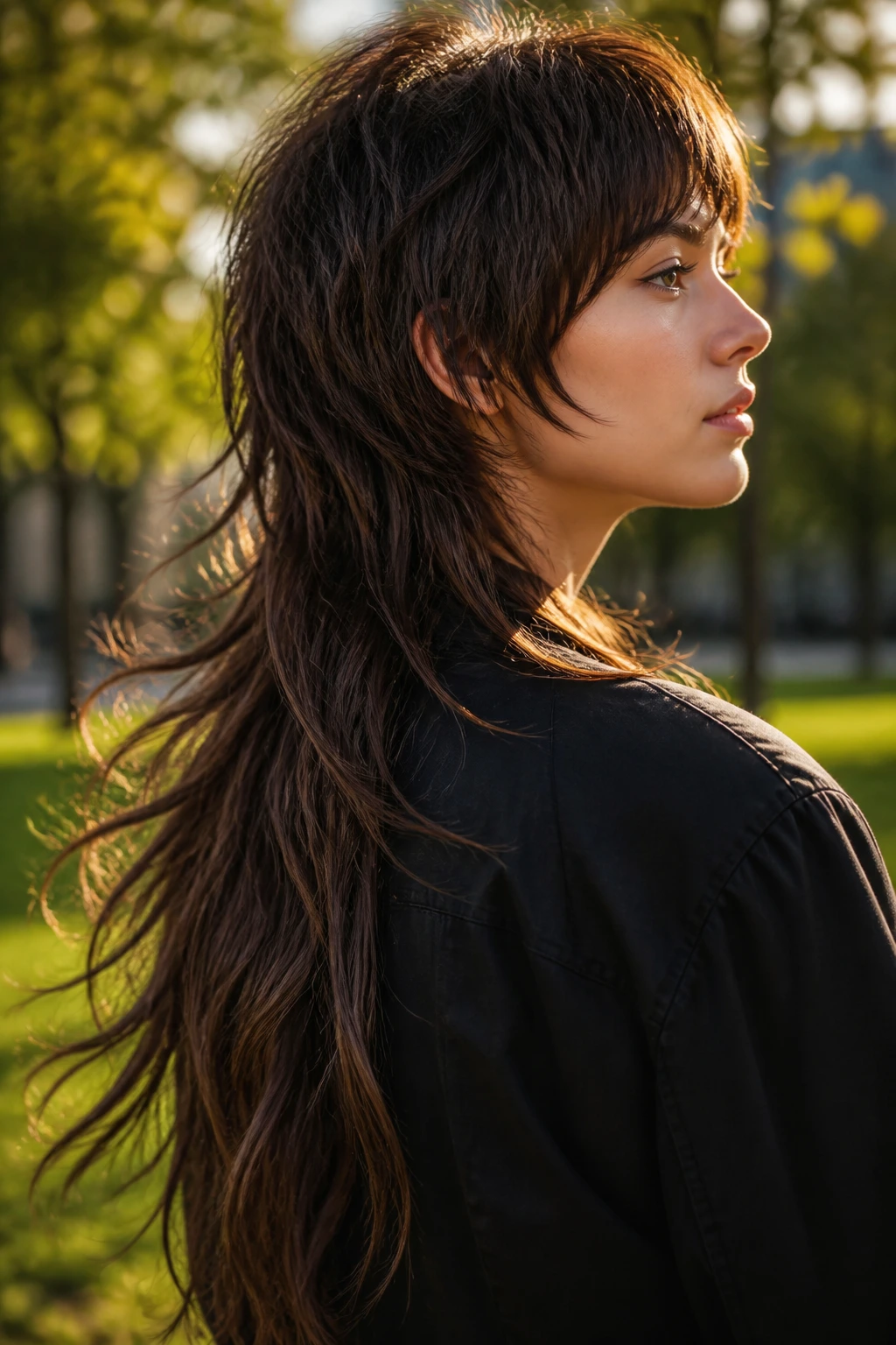 Real person with cascade mullet and long back movement in warm light