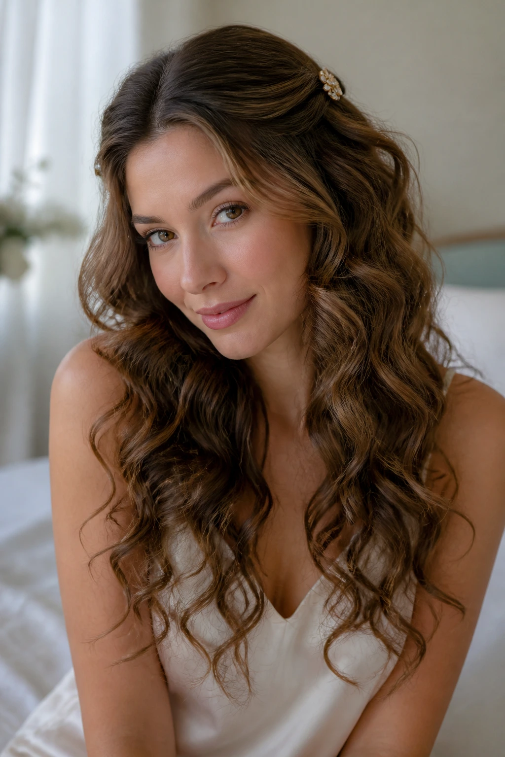 Close-up portrait of a real woman with cascading curls pinned back with clips