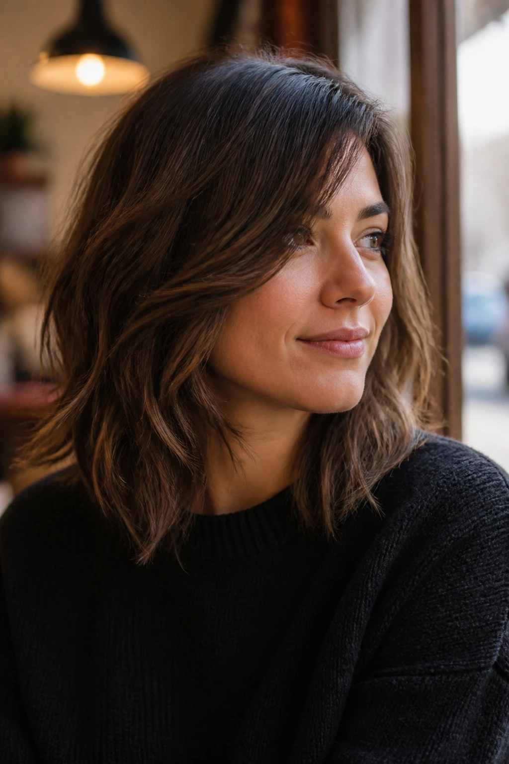 Portrait of real person with cascading layers and a side sweep in warm cafe light.