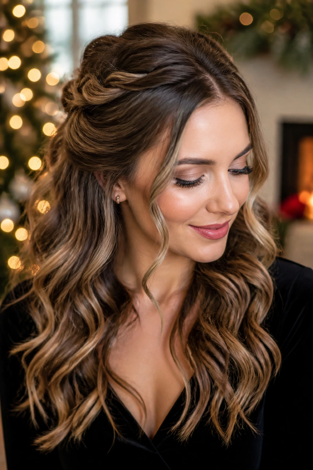 Close-up portrait of a real woman with Cascading Twist Half-Up showing twists at crown