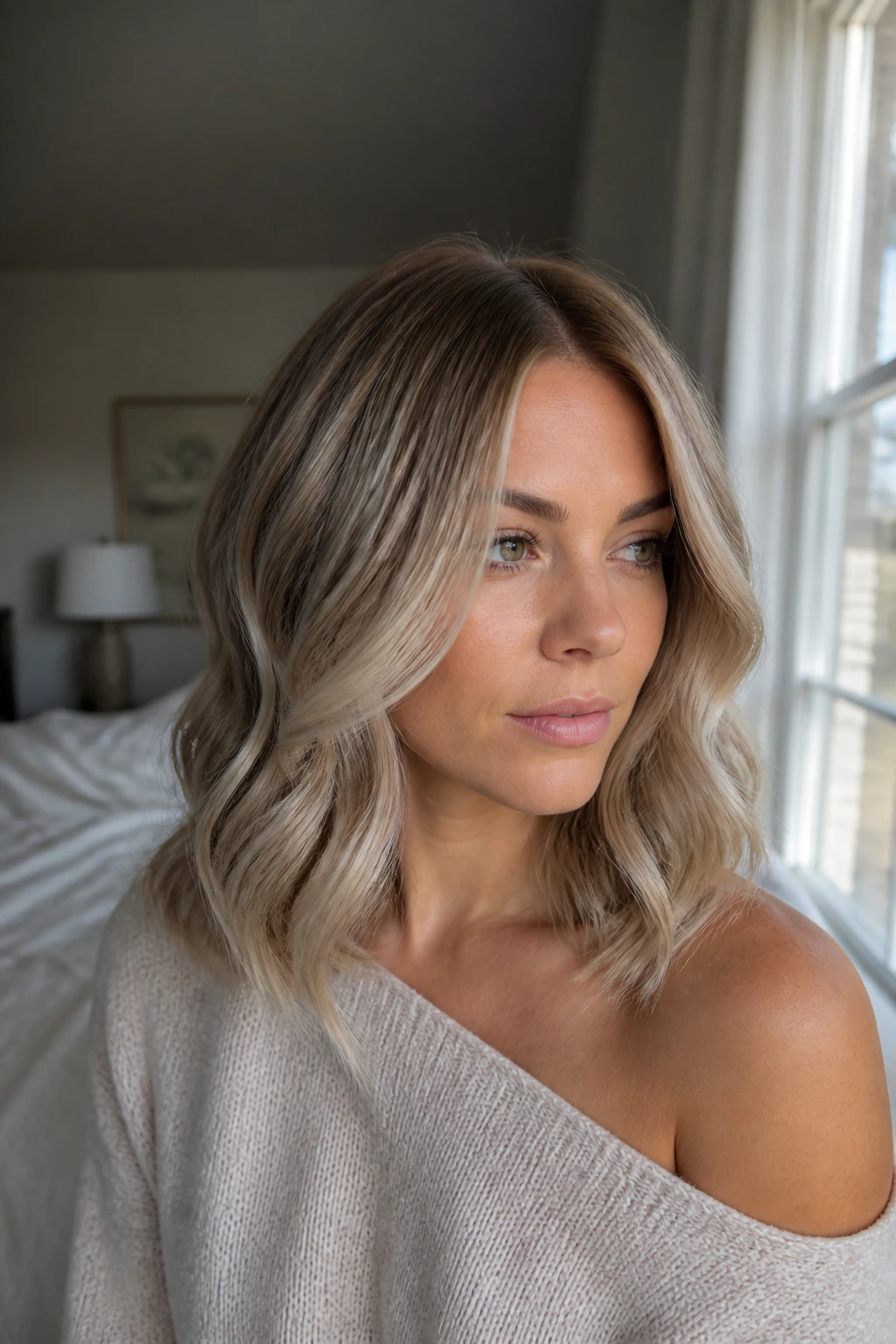 Close-up of a real woman's hair with cashmere beige balayage and soft beige tones