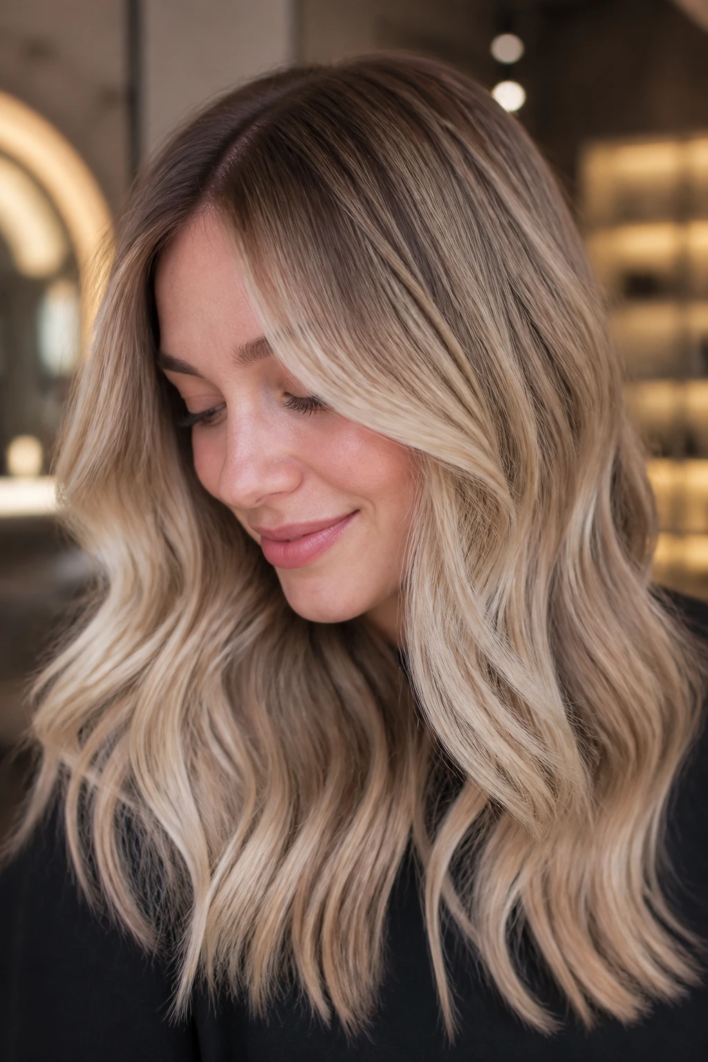 Close-up of a real woman's hair showing cashmere blonde balayage with a soft root shadow.