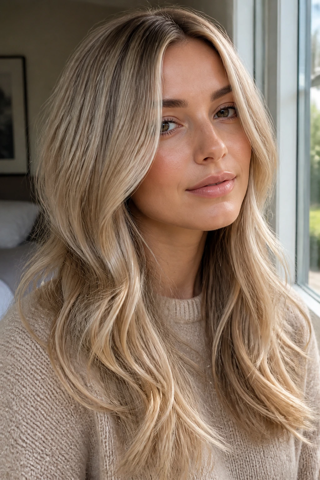 Close-up of a real woman with cashmere blonde and silky beige toning.