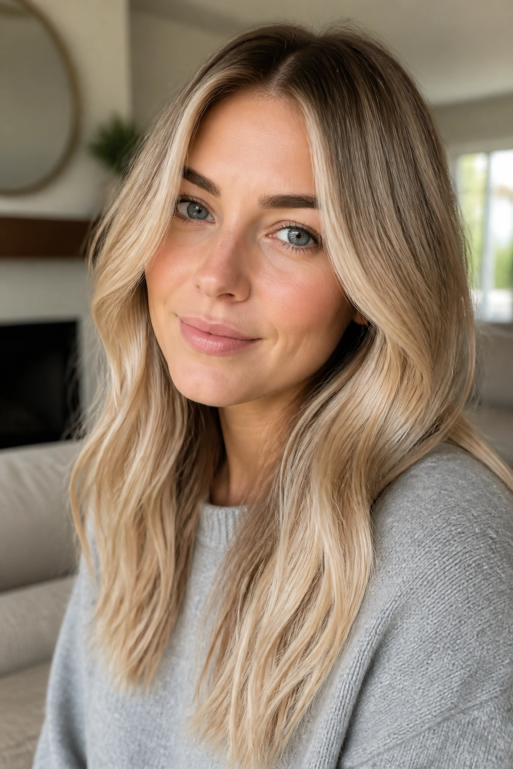 Close-up portrait of a real person with cashmere blonde hair in soft light.