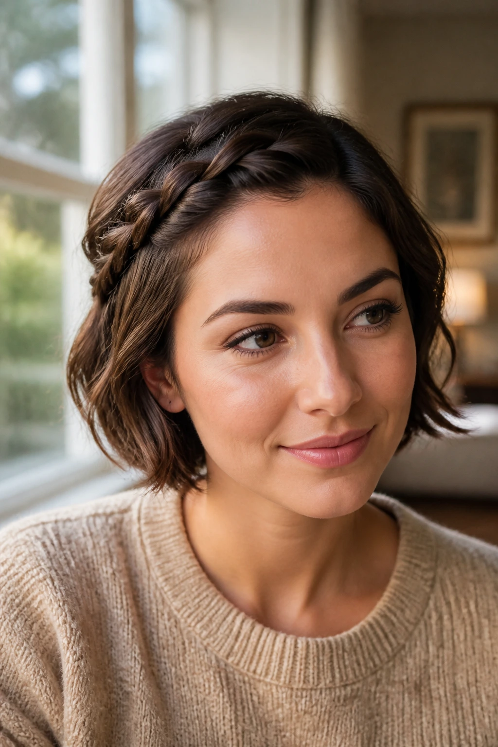 Close-up of a real woman with a casual side-sweep braid on short hair in a cozy window-lit room