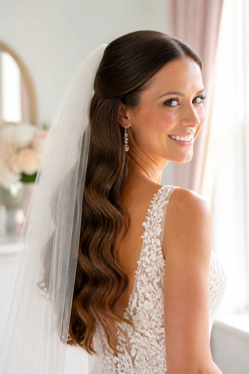 Close-up of a real bride with cathedral veil waves and a soft crown