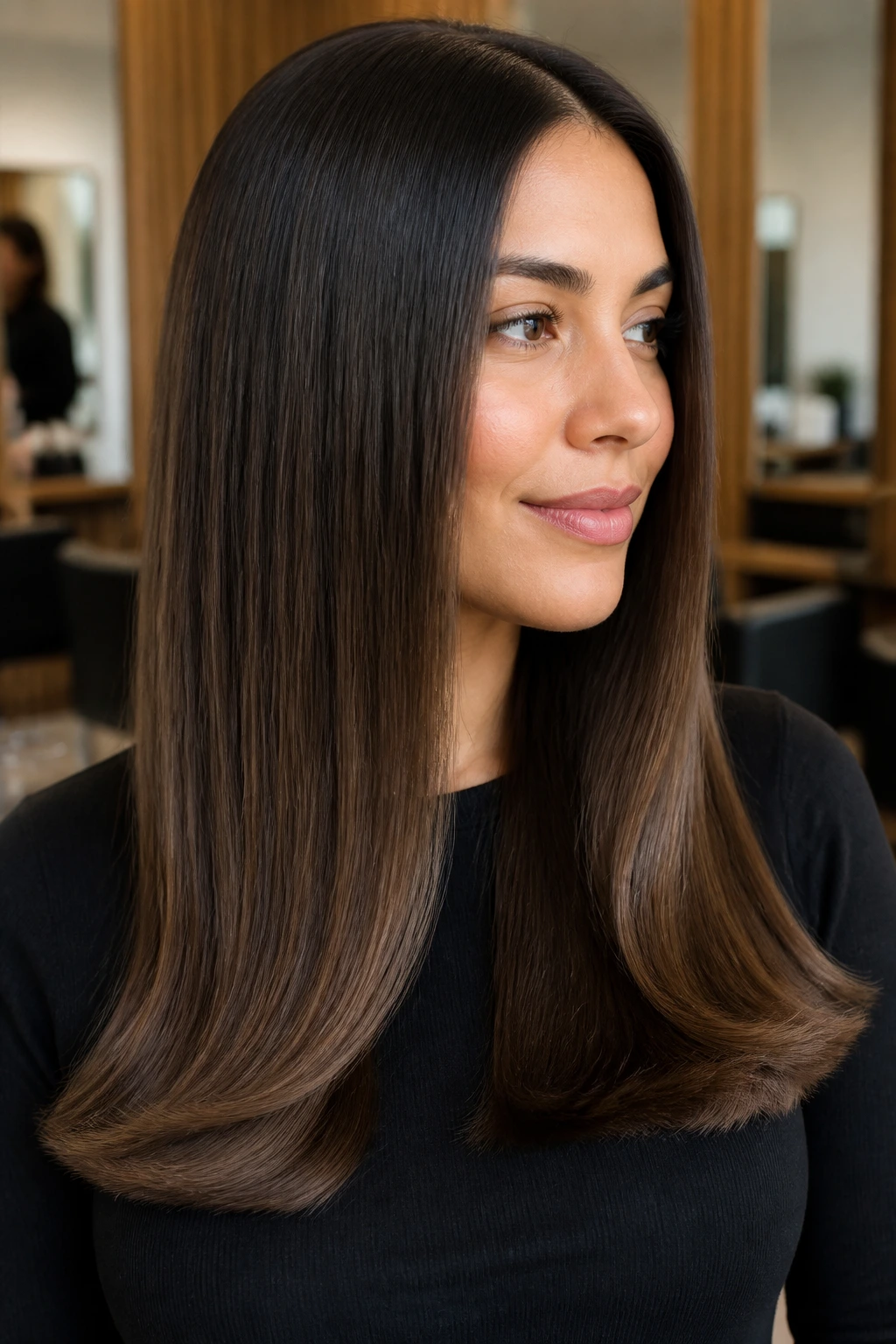 Close-up portrait of a woman with a subtle C-bend at the ends of long straight hair.