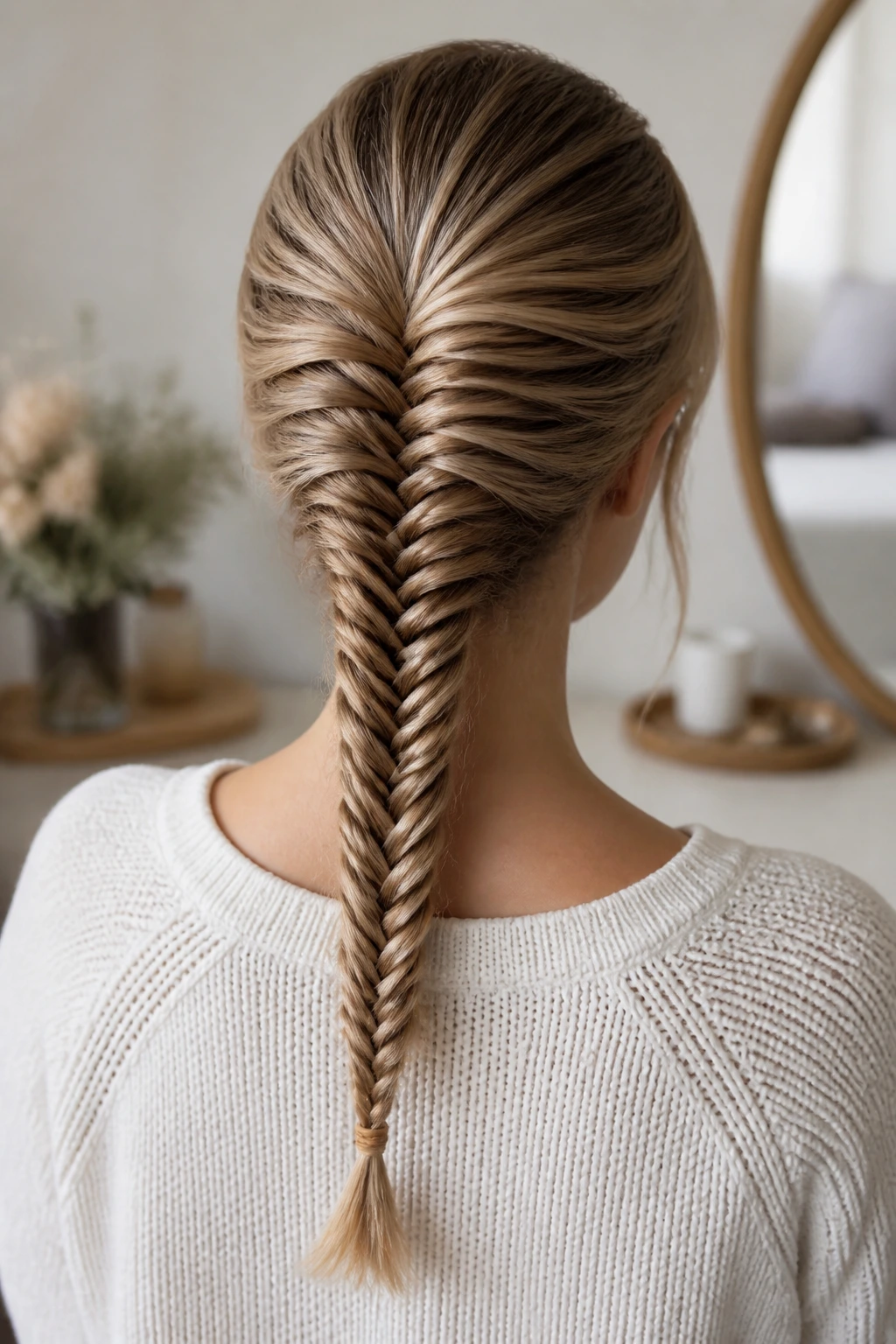 Back view close-up of a real person with a centered fishtail braid along the back of the head