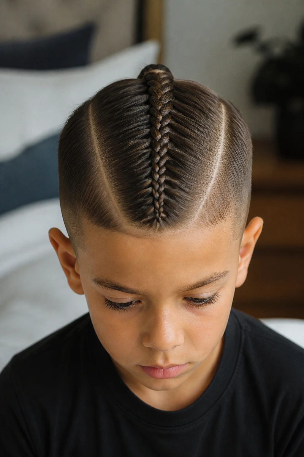 Close-up of a real boy with a single center braid from hairline to nape.