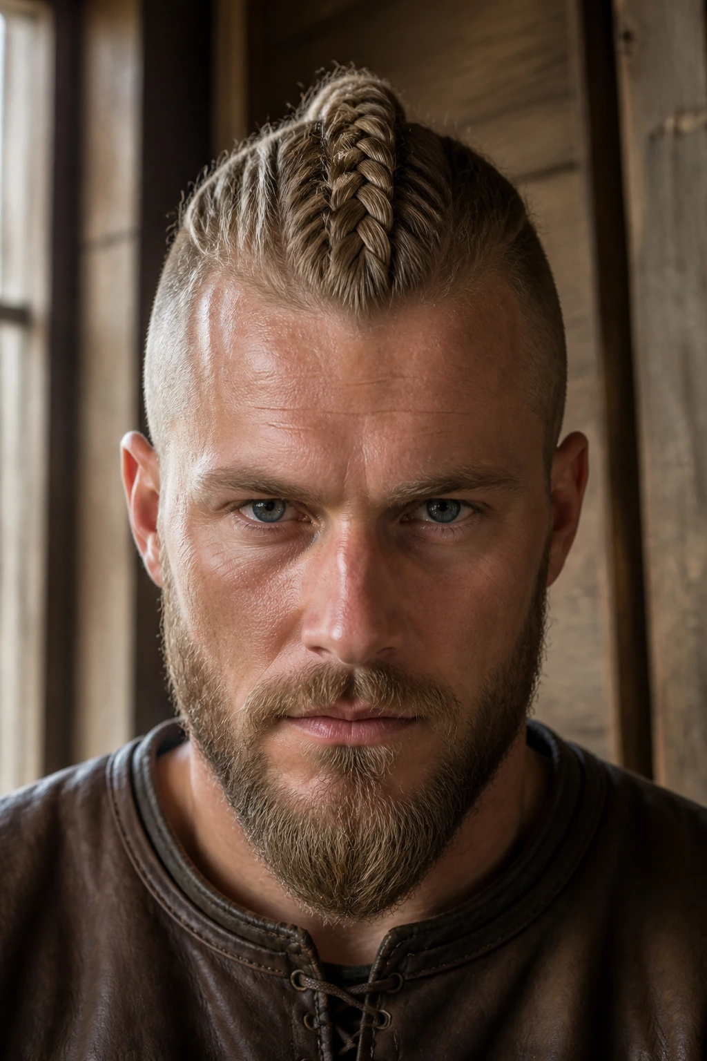Man with a centered single braid from crown to nape in a rustic room