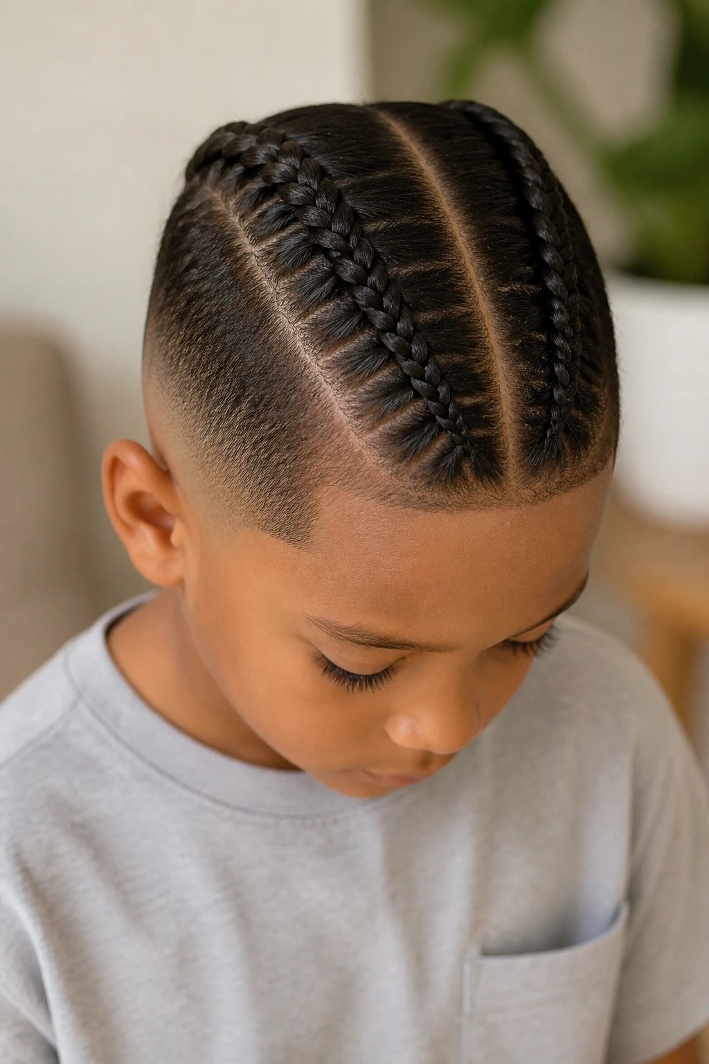 Boy's head with two center braids on top