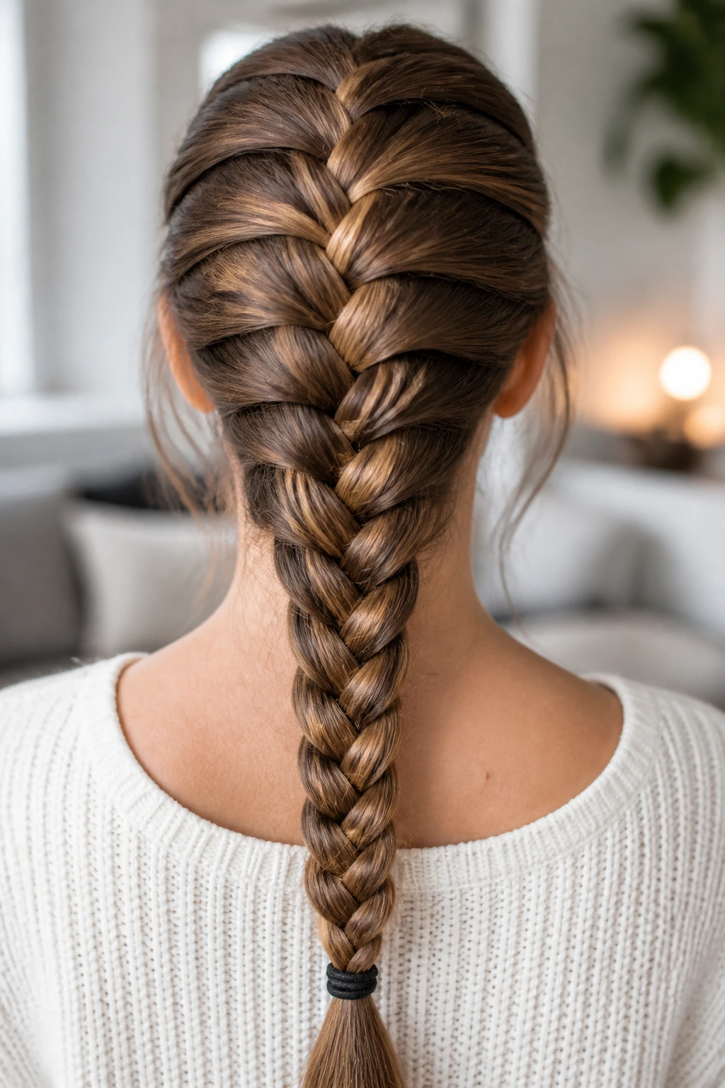 Center French braid on real woman with crisp middle part and straight braid line