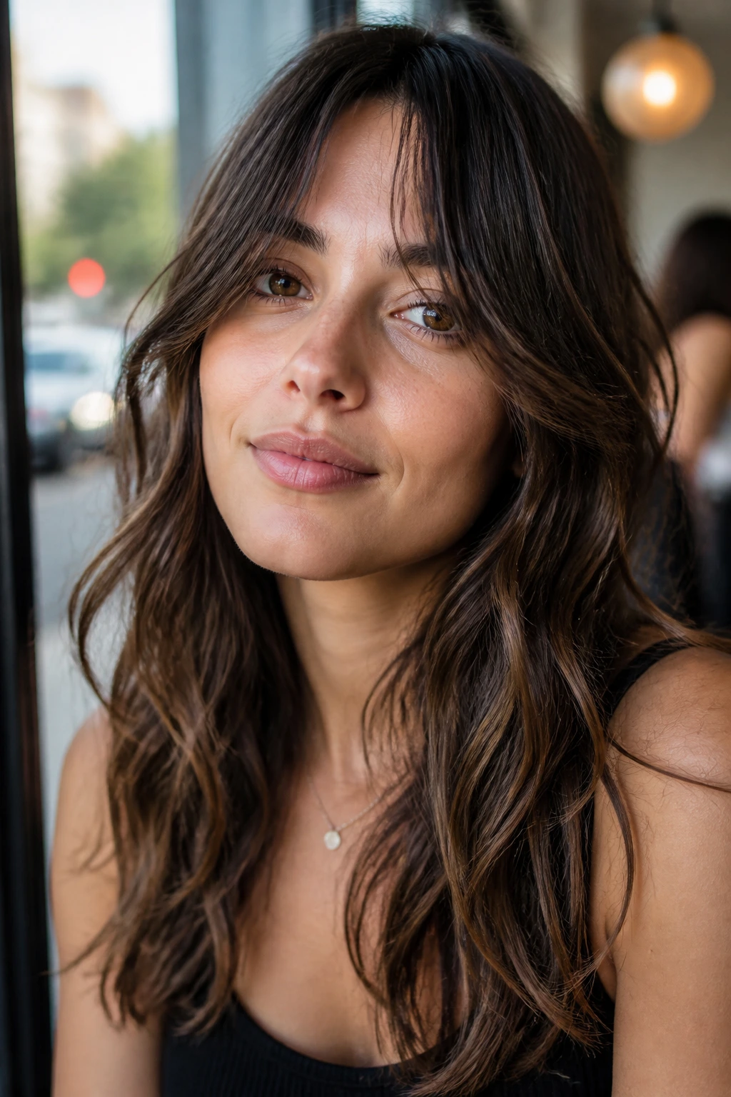 Close-up portrait of a woman with narrow center fringe and tousled length in wavy hair.