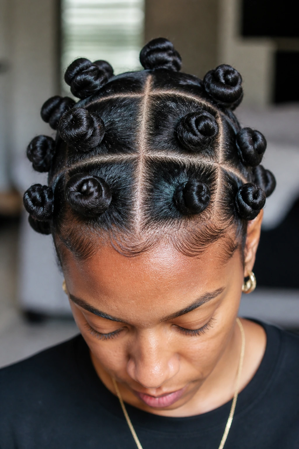 Portrait of center-grid bantu knots on natural hair.