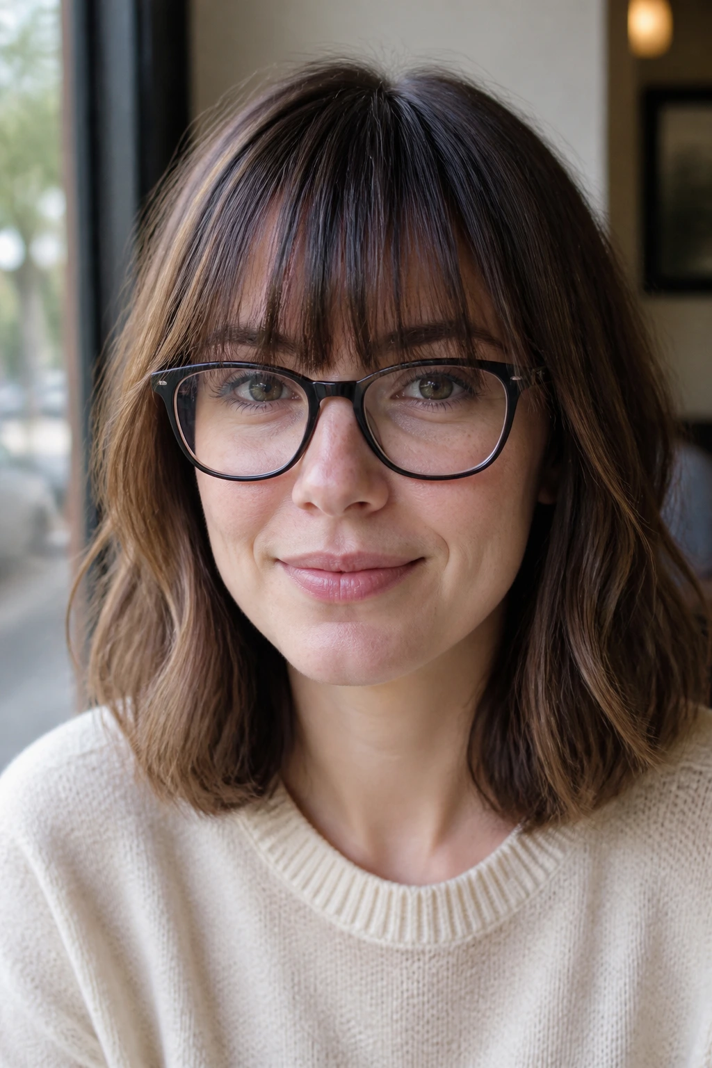 Close-up portrait of a real person with center-heavy straight bangs and glasses