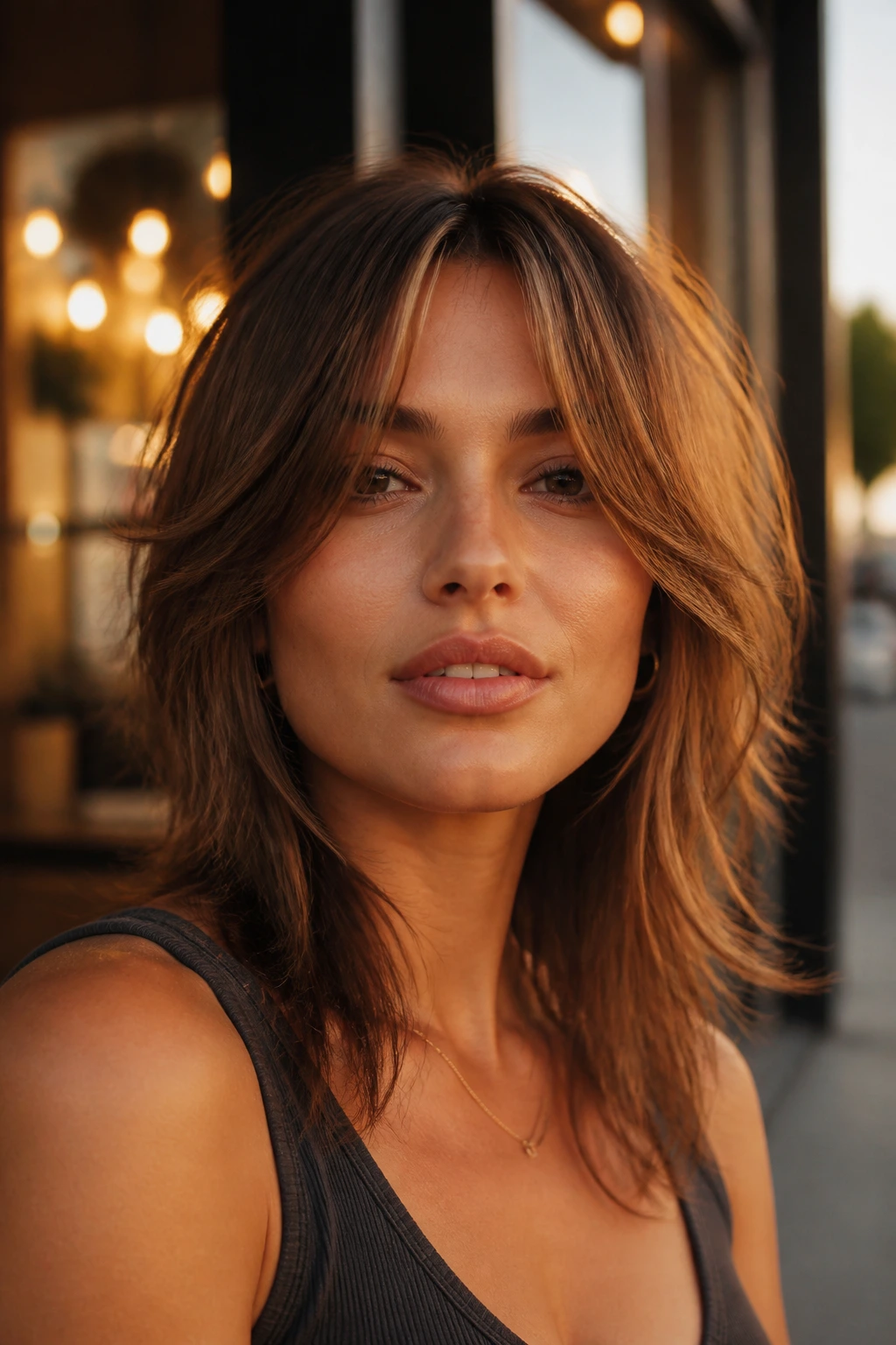 Close-up of a real woman with a center-opened shag curtain bang and layered hair