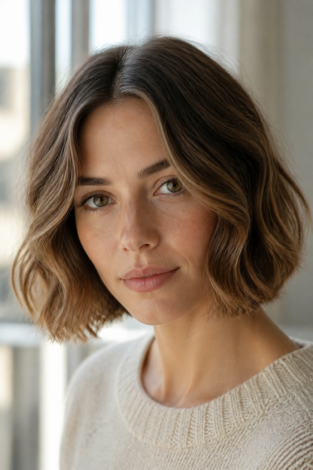Center-part airy bob close-up with balanced waves framing the face