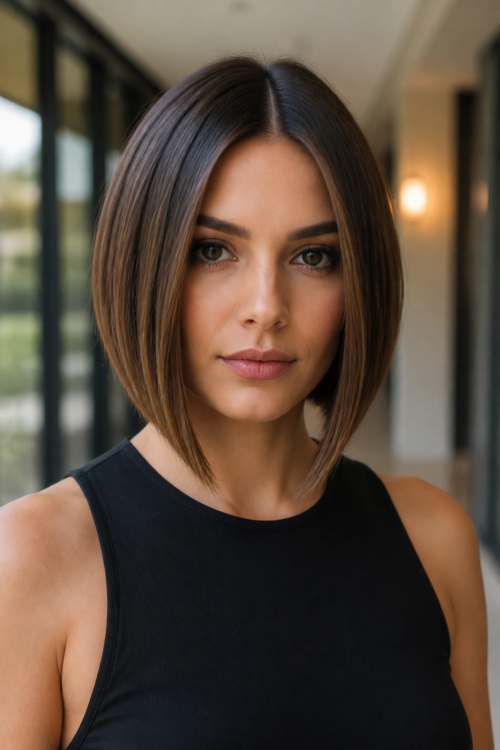 Close-up of a real woman with a center-part angled bob in a bright hallway