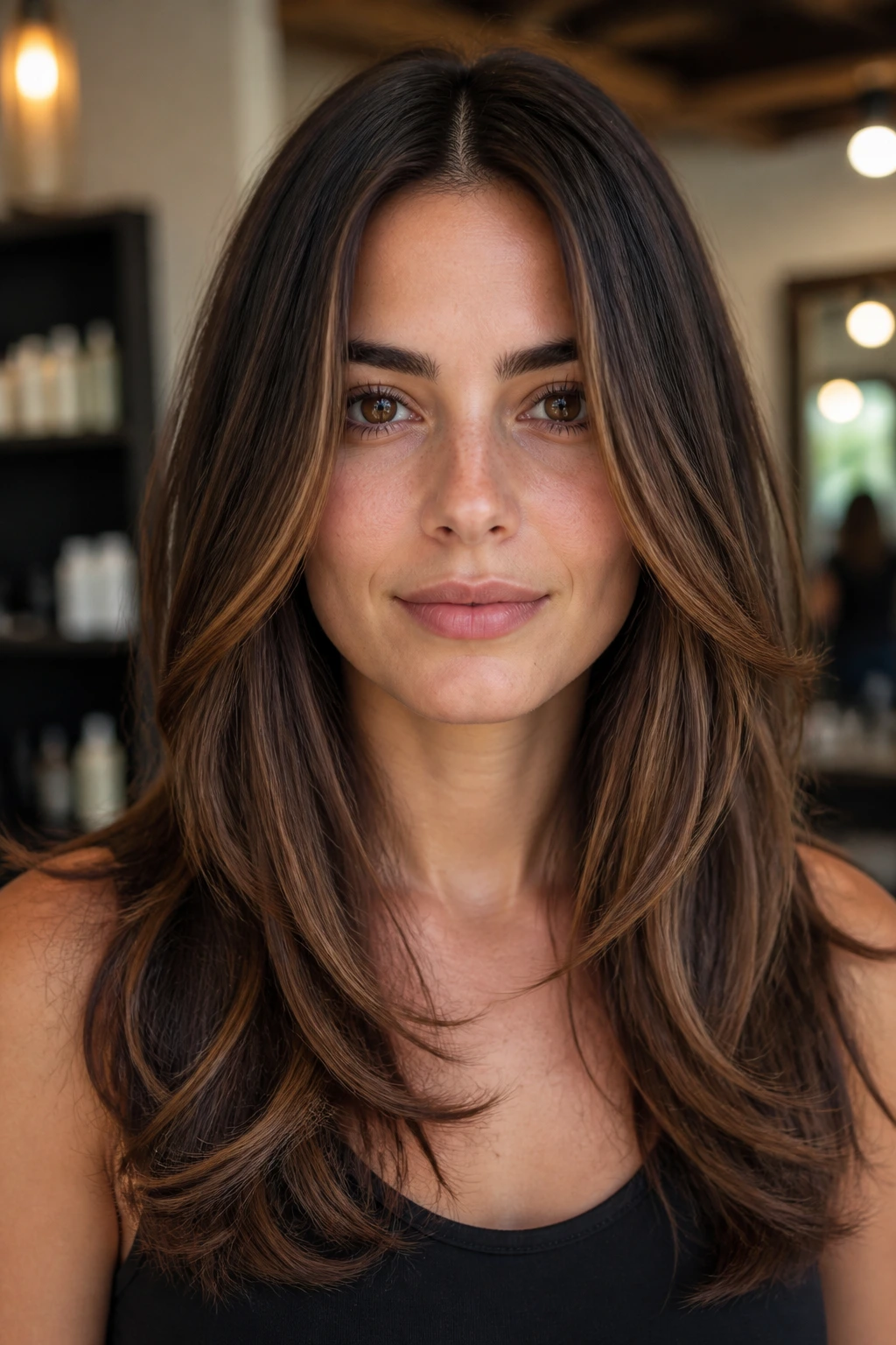 Portrait of a real woman with center-part balanced layers and even face framing.