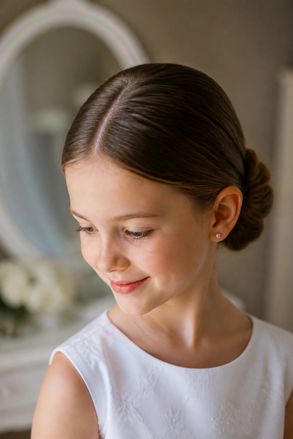 Close-up of a real child with a center-part and a small low ballet bun.