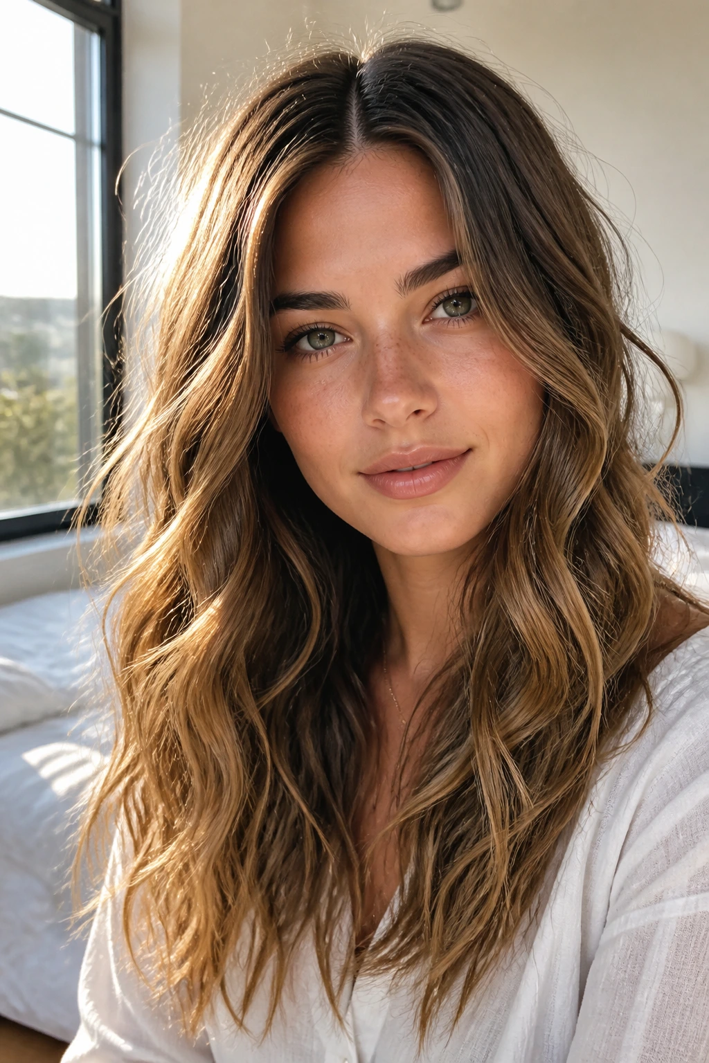 Center-part soft beach waves on a real person in a sunlit room