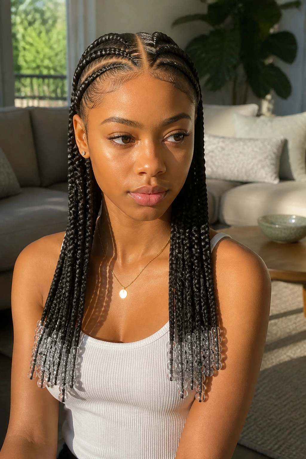 Close-up of center-part feed-in tribal braids with clear beads on a real person.