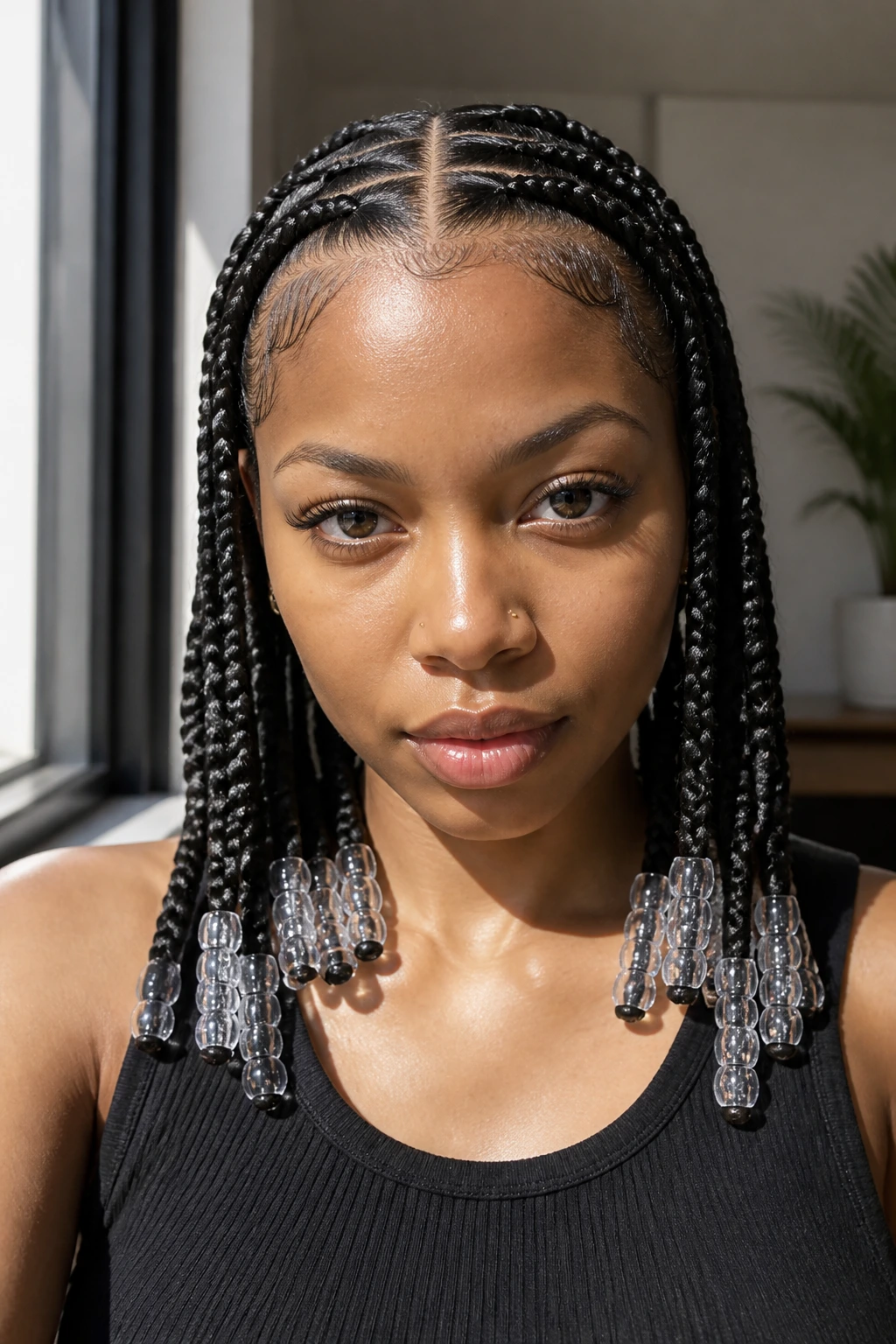 Center-part tribal braids with clear beads in a close-up portrait
