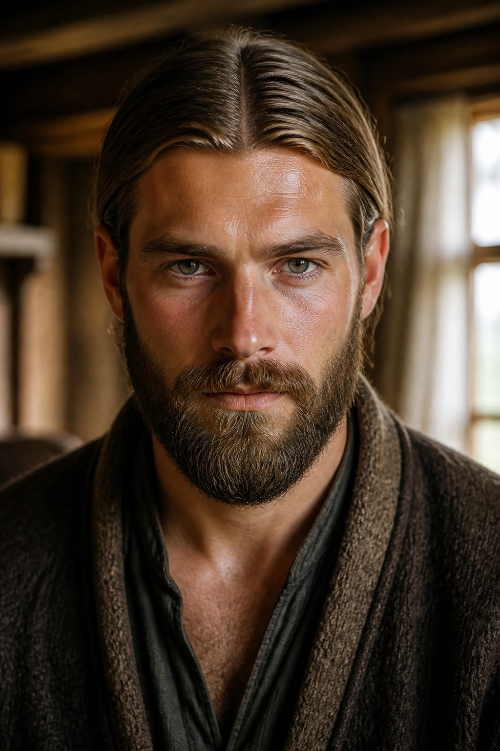 Close-up of a man with center part and beard in warm window light