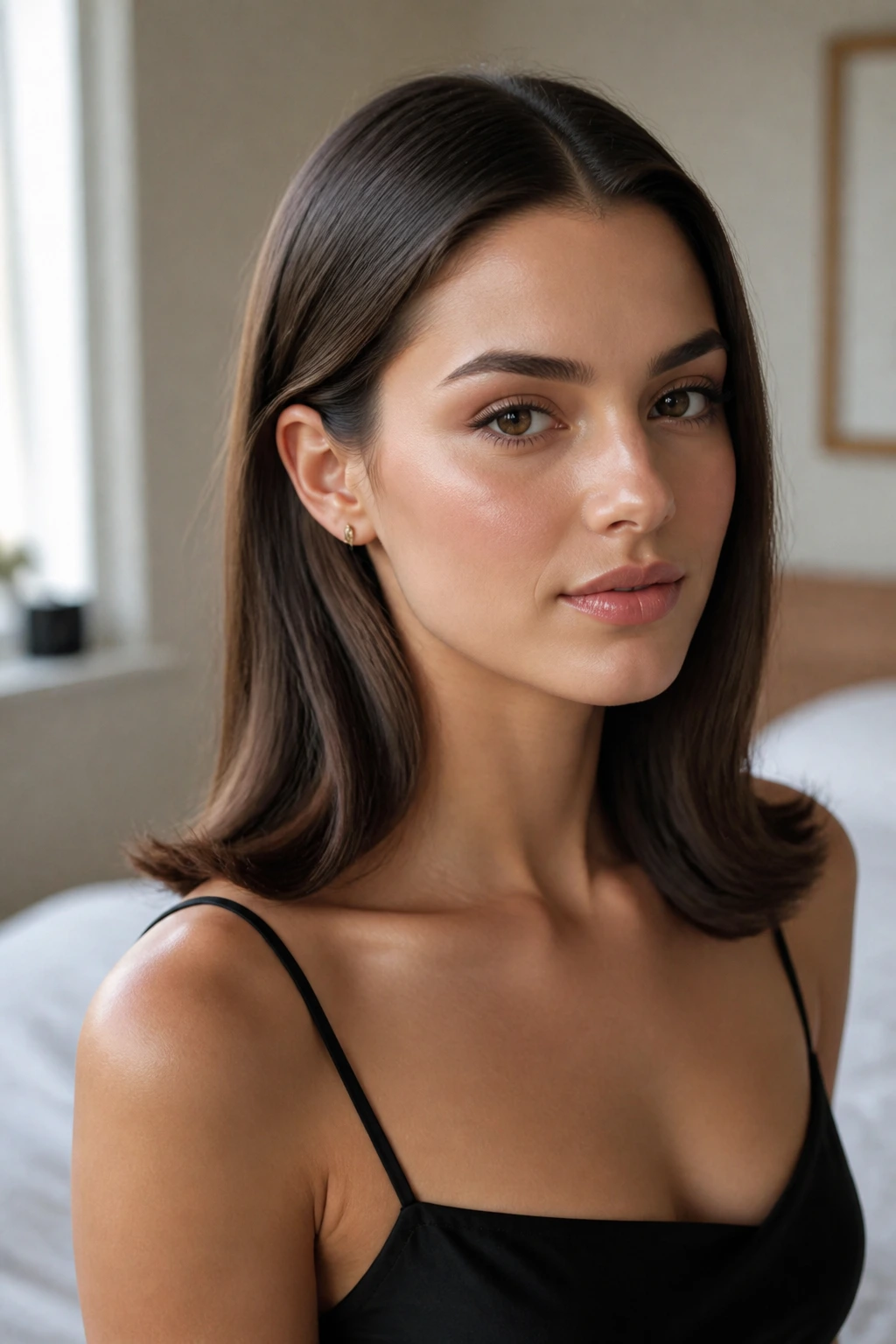 Close-up of center-part blowout with tucked ends on a real woman, natural window light