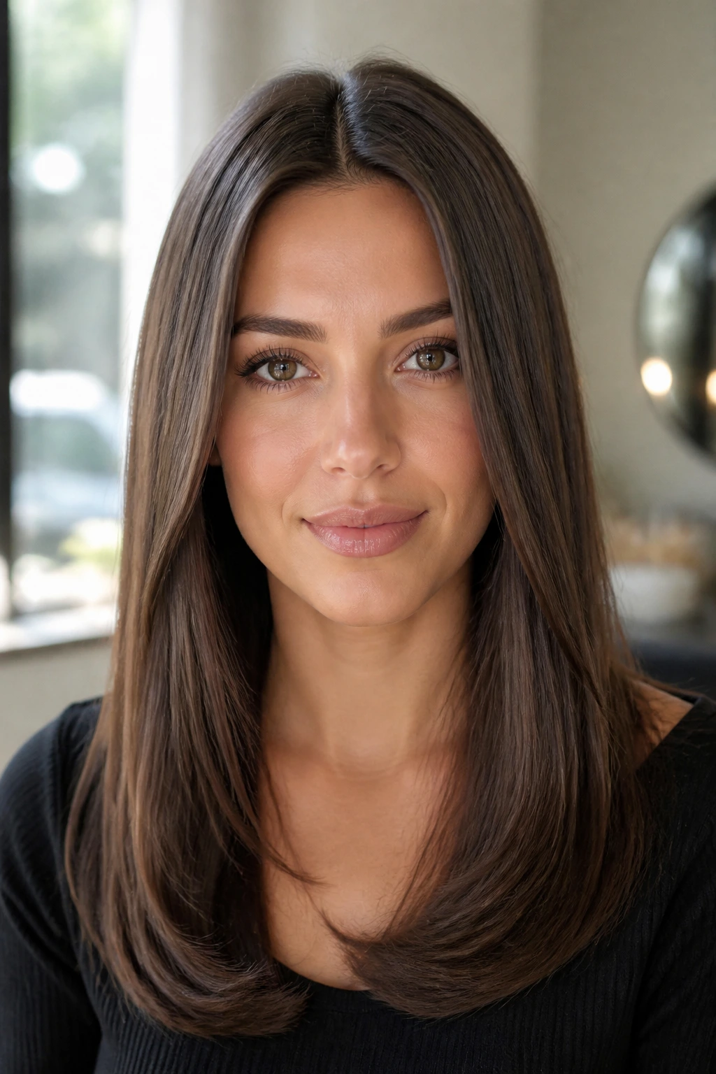 Real woman with a center-part straight blowout and curved ends
