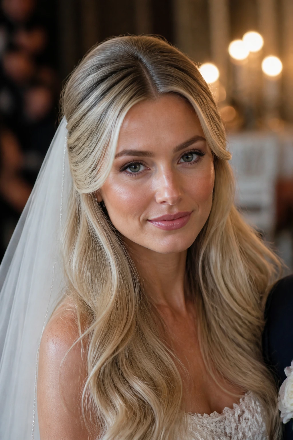 Close-up of a real bride with center-parted blowout and tucked sides