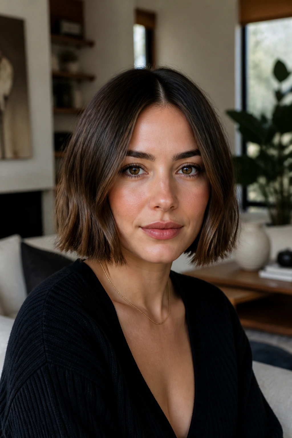 Portrait showing a center-parted blunt bob with subtle wave in natural home lighting