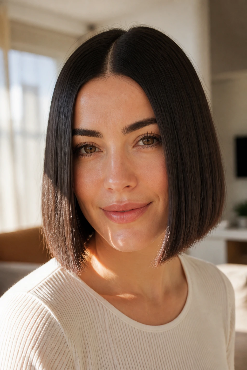 Close-up Center-Part Blunt Bob hairstyle on a real woman with chin-length blunt bob in a bright living room