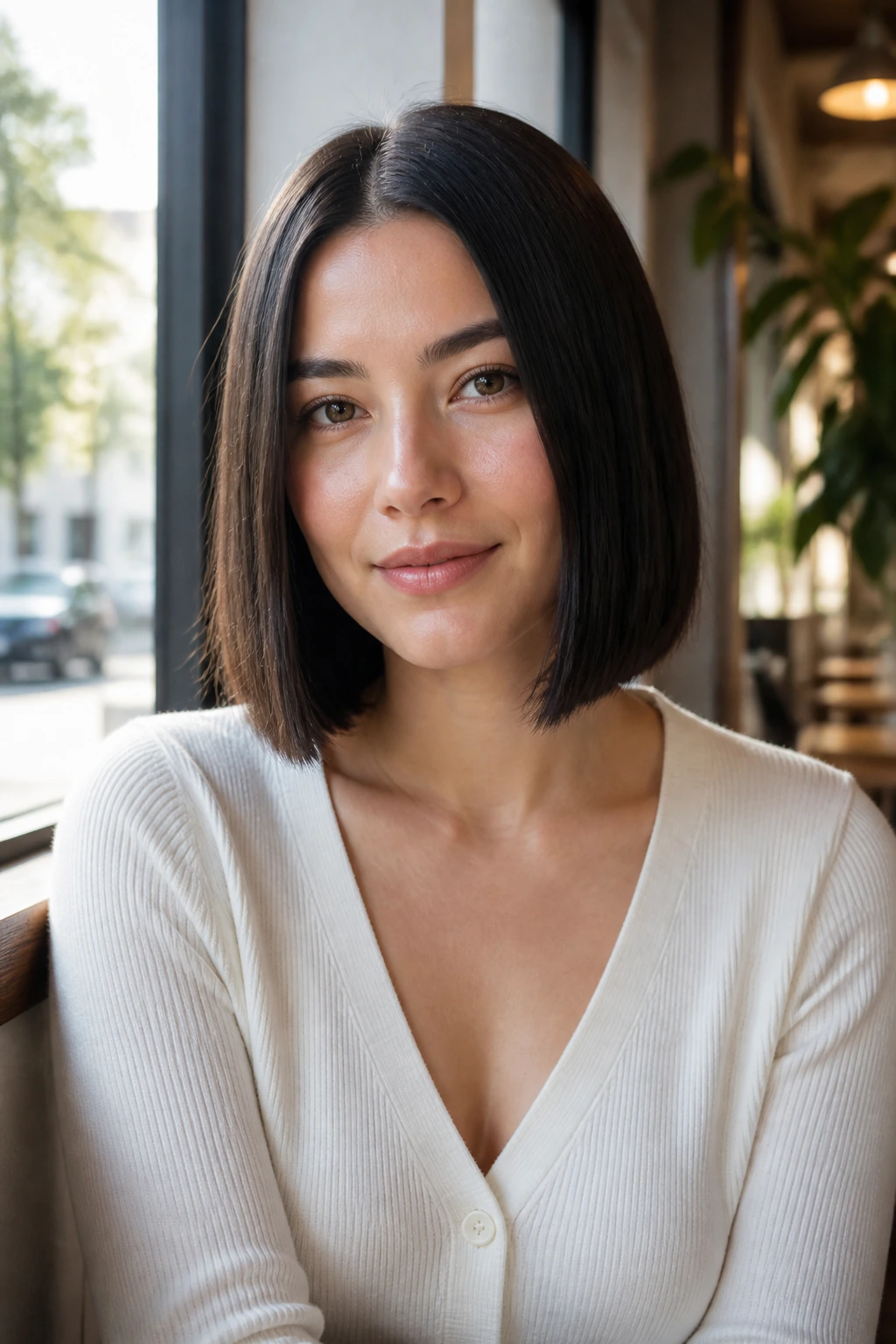 Portrait of a real woman with a center-parted blunt bob just below chin