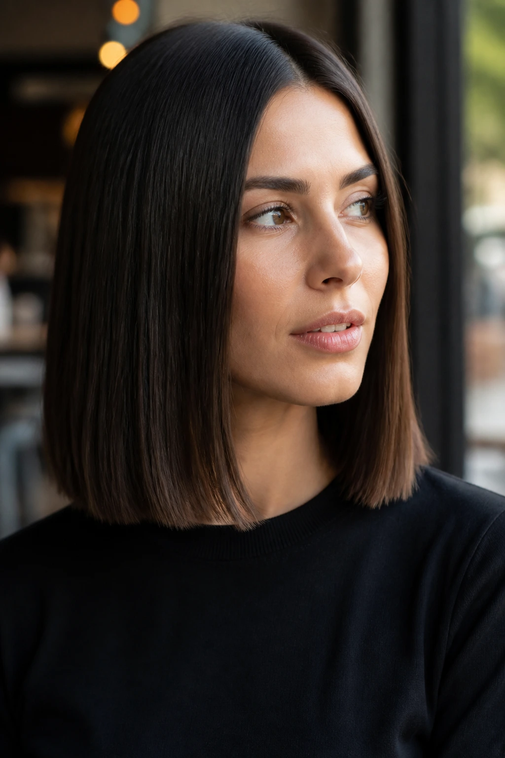 Close-up of a woman with center-part blunt lob hairstyle