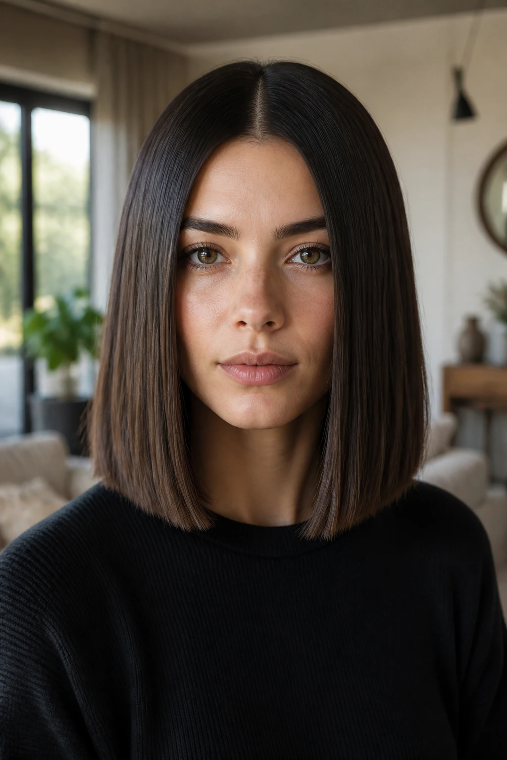 Close-up portrait with centered blunt lob and clean hairline in natural daylight