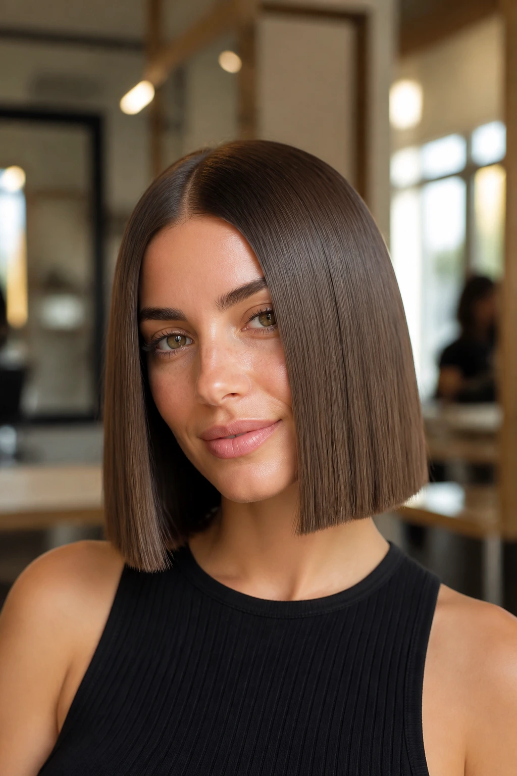 Center-part blunt bob with symmetric, glossy ends