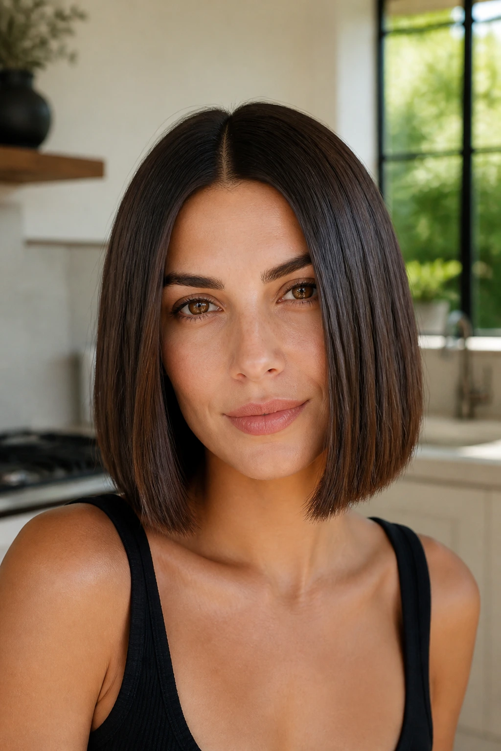 Close-up portrait with center-part and blunt perimeter bob