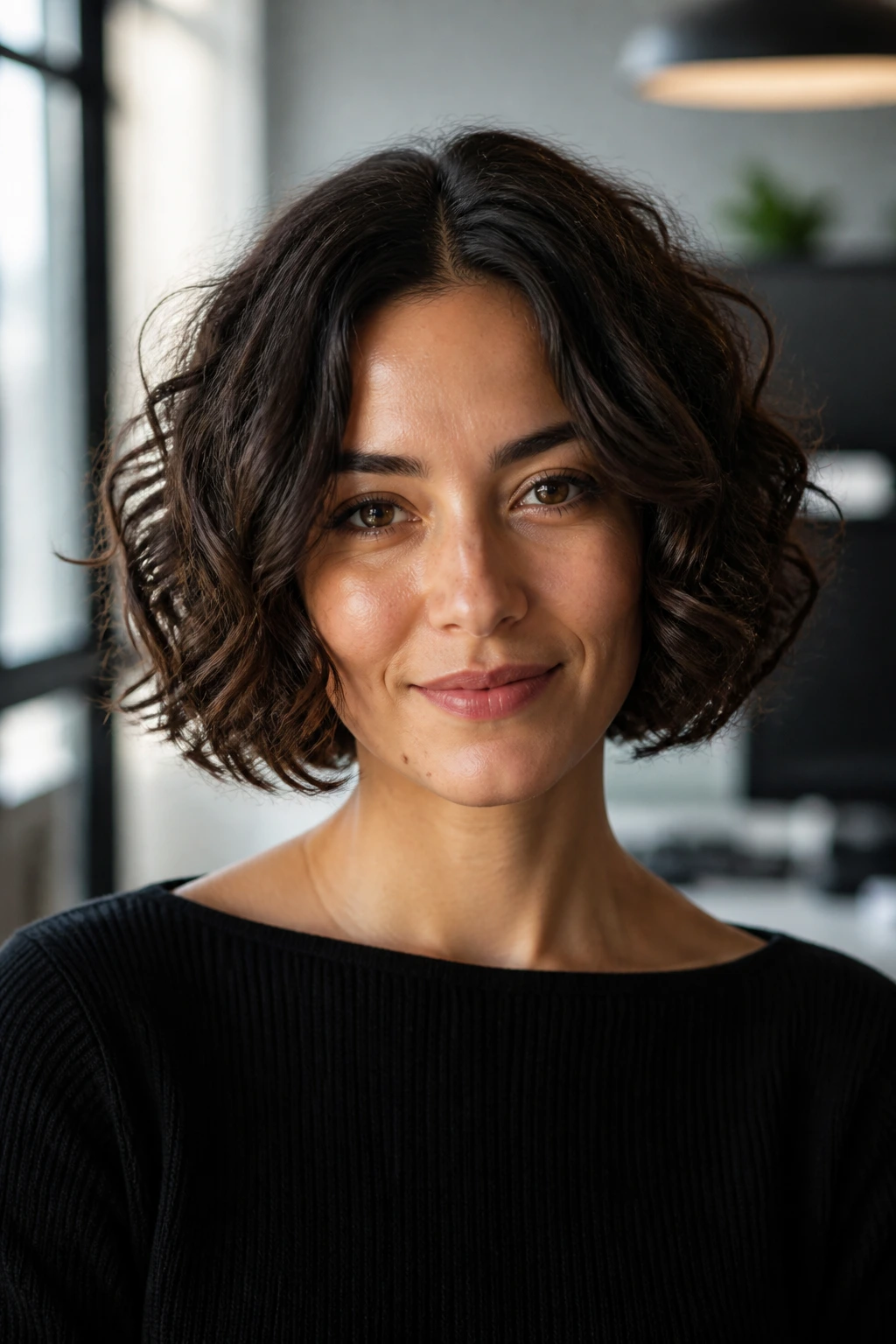 Close-up portrait of a real woman with a centered part and symmetrical curls