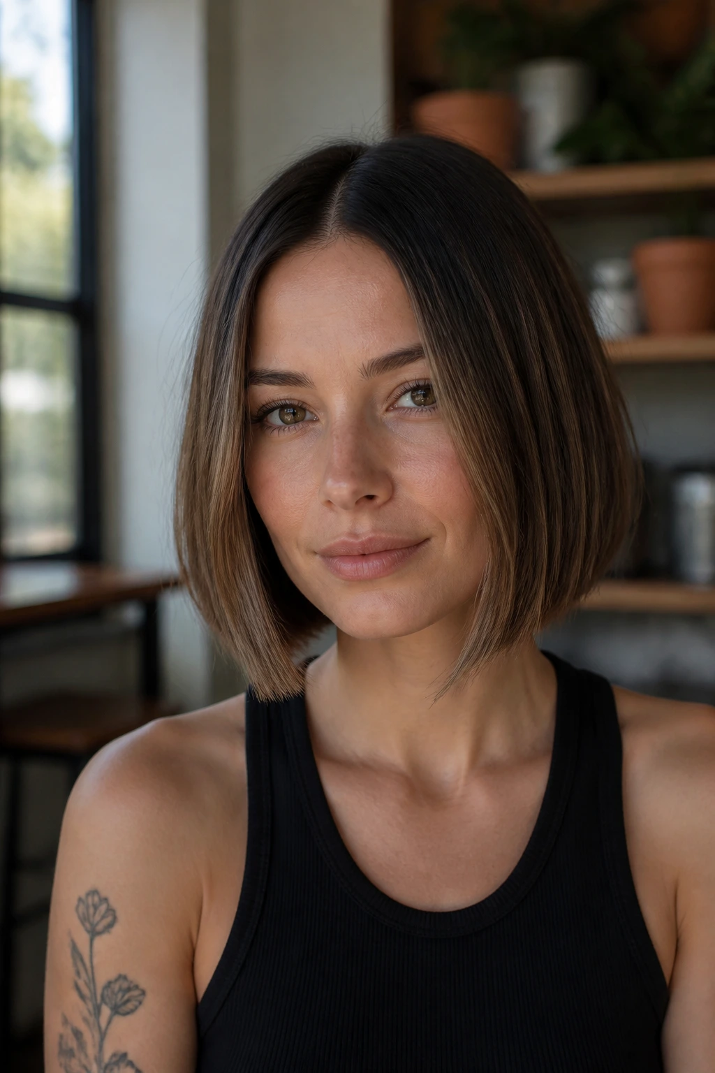 Portrait of a woman wearing a center-part bob in natural light